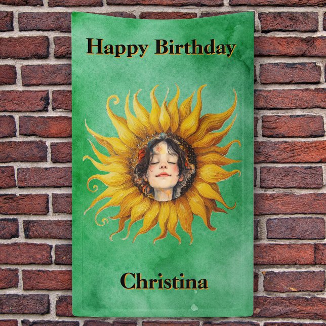 Happy Birthday Girl Face in Sunflower Green Banner (Smiling girl's face in fancy yellow sunflower on green happy birthday banner decoration.)