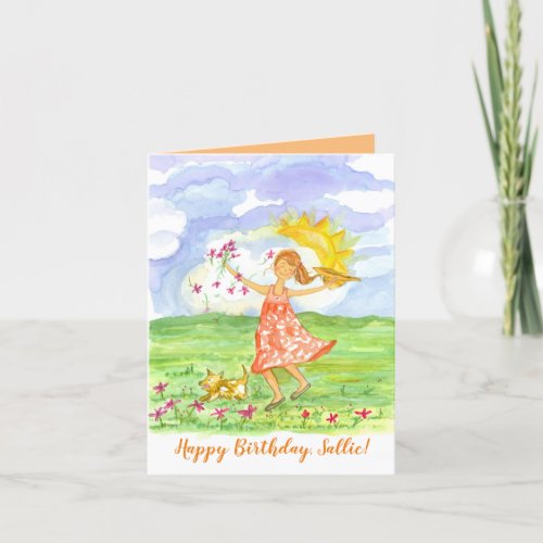 Happy Birthday Girl Pet Dog Flowers Custom Name Holiday Card