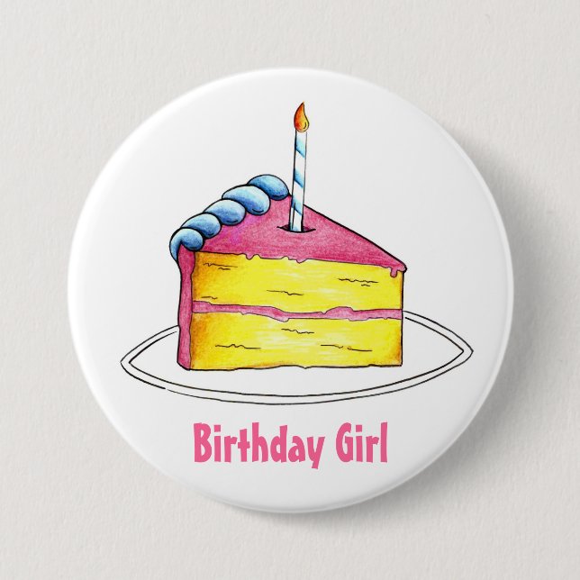 Happy Birthday Girl Pink Layer Cake Slice Candle Pinback Button (Front)
