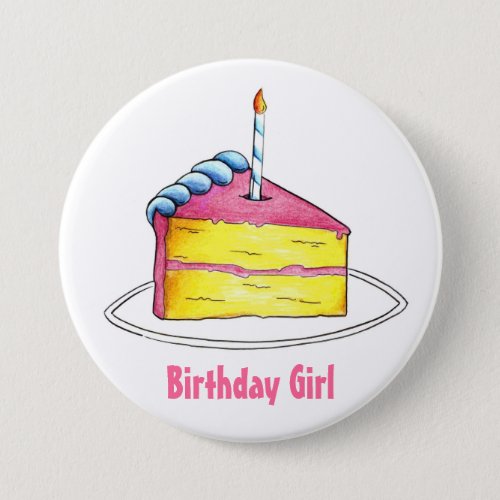 Happy Birthday Girl Pink Layer Cake Slice Candle Pinback Button