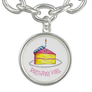 Happy Birthday Girl Pink Yellow Cake Slice Candle Charm Bracelet