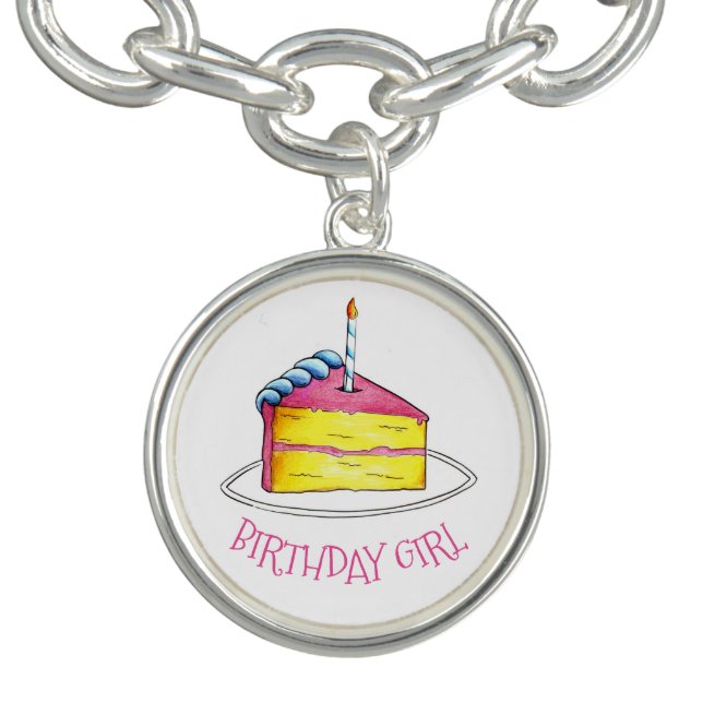 Happy Birthday Girl Pink Yellow Cake Slice Candle Charm Bracelet (Design)