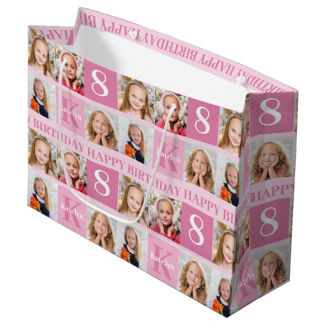 Happy Birthday Girl Pretty Pink Photo Collage Large Gift Bag (Front Angled)