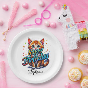 Happy Birthday Girl Quote And Cat Paper Plates