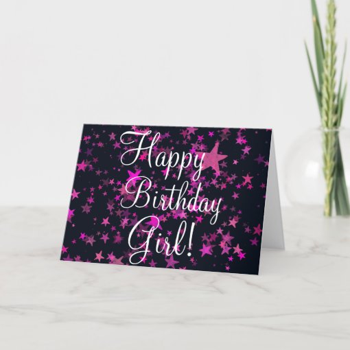 Happy Birthday Girl Quote Cute Pink Stars Design Holiday Card | Zazzle