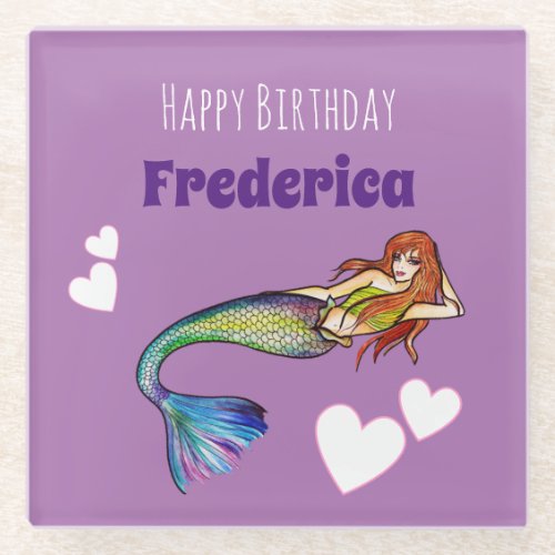 Happy Birthday Girl Rainbow Mermaid Illustration Glass Coaster