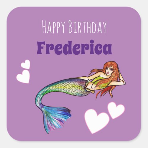 Happy Birthday Girl Rainbow Mermaid Illustration Square Sticker
