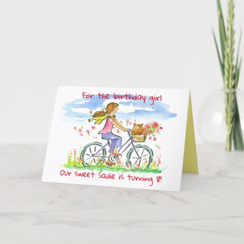 Happy Birthday Girl Riding Bike Dog Custom Name Holiday Card