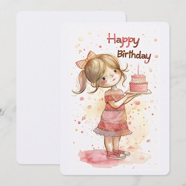 Happy Birthday Girl with Cake Holiday Card (Front/Back)