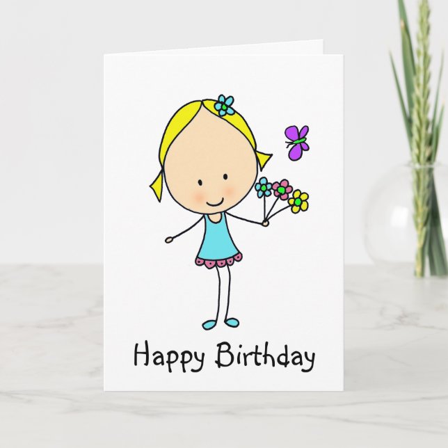 Happy Birthday Girl With Flowers Card (Front)
