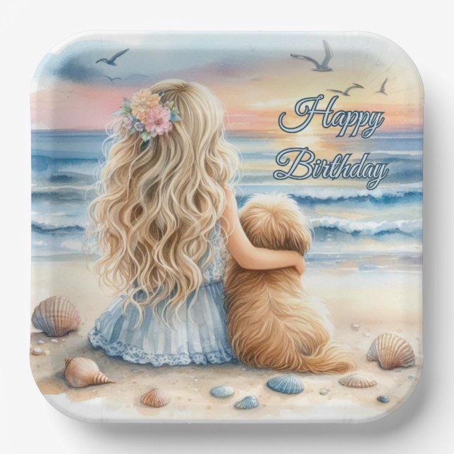 Happy Birthday Girl with Puppy on the Beach Paper Plates (Front)