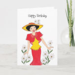 Happy Birthday Girlfriend Card<br><div class="desc">Girl in a bright red and yellow dress and a yellow hat. Daisies are all around her.</div>