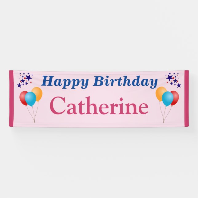 Happy Birthday Girls Name Balloons Stars Any Age Banner (Horizontal)