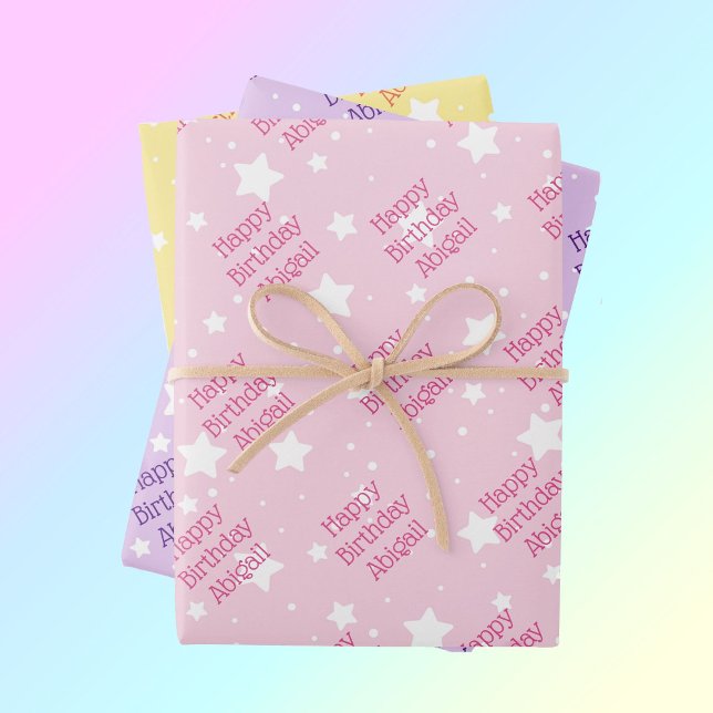 Happy Birthday Girls Name Pastel Stars 3 Wrapping Paper Sheets (Creator Uploaded)