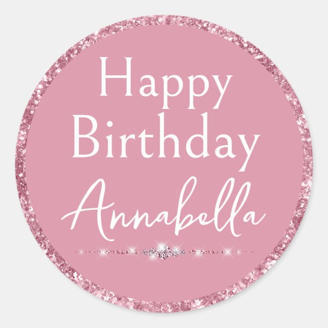 Happy Birthday Glamorous Pink Glitter and Diamonds Classic Round Sticker (Front)