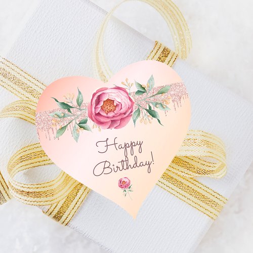 Happy Birthday glitter blush pink rose gold floral Heart Sticker