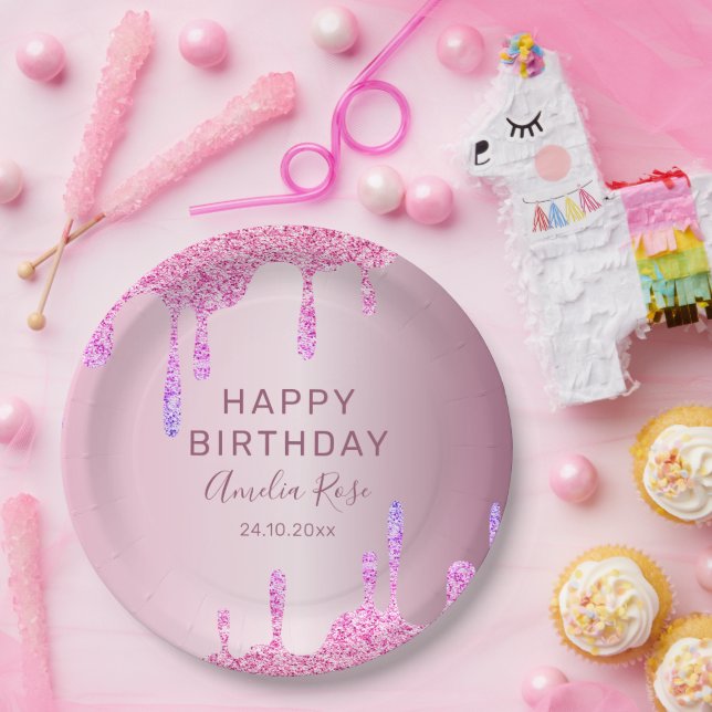 Happy Birthday Glitter Drips Pink Metallic  Paper Plates (Party)