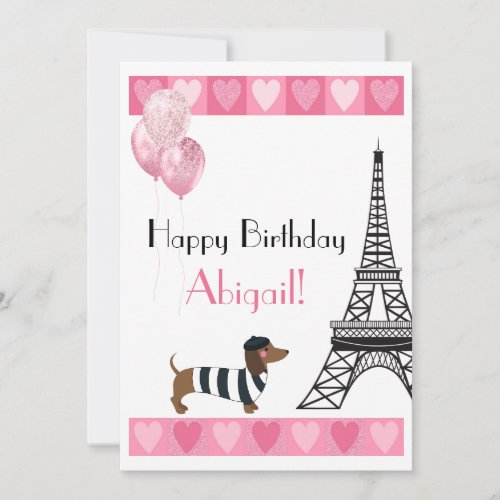 Happy Birthday Glitter Pink Heart Eiffel Tower Dog