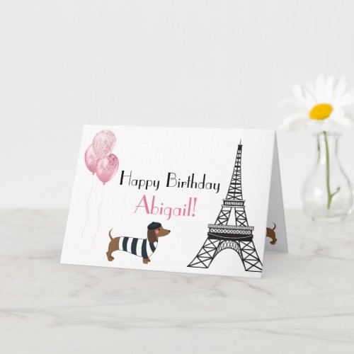 Happy Birthday Glitter Pink Heart Eiffel Tower Dog Card