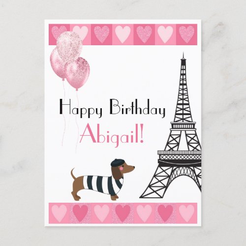 Happy Birthday Glitter Pink Heart Eiffel Tower Dog Postcard