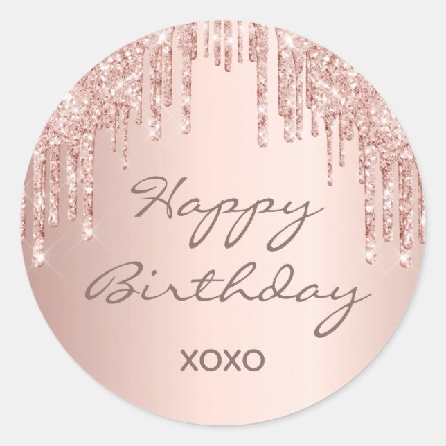Happy Birthday glitter rose gold pink sparkle glam Classic Round Sticker (Front)