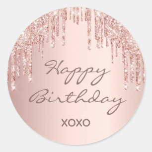 Happy Birthday glitter rose gold pink sparkle glam Classic Round Sticker