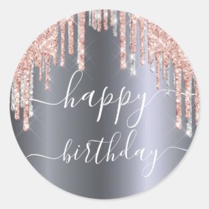 Happy Birthday glitter rose gold silver sparkle Classic Round Sticker