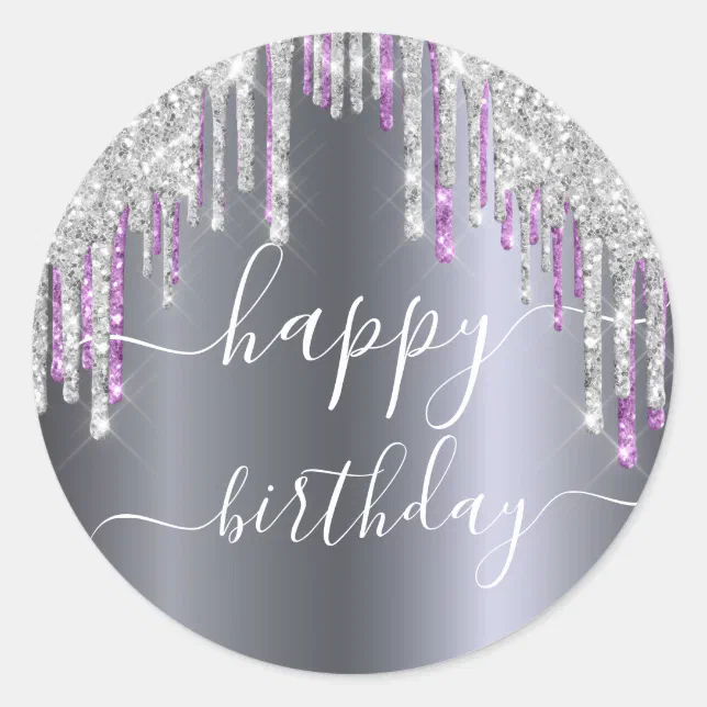 Happy Birthday glitter silver purple sparkle glam Classic Round Sticker ...