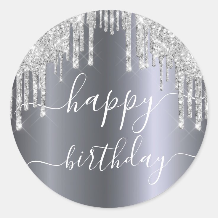 Happy Birthday glitter silver sparkle glam Classic Round Sticker | Zazzle