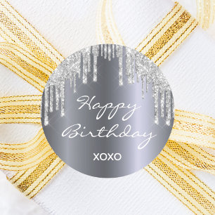 Happy Birthday glitter silver sparkle glam girly Classic Round Sticker