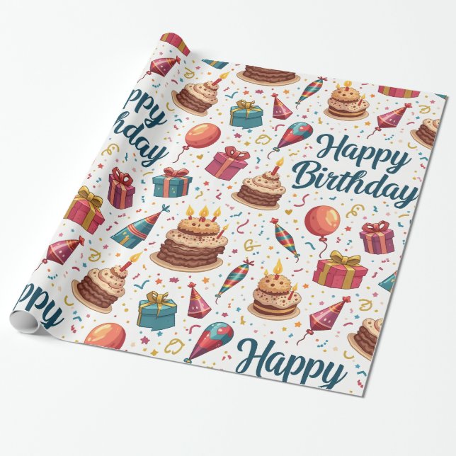 Happy Birthday Glossy Wrapping Paper with Balloons (Unrolled)