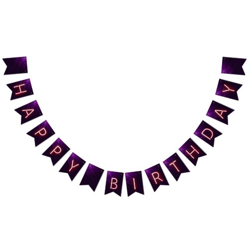 Happy Birthday Glowing Neon Lights on Dark Purple Bunting Flags