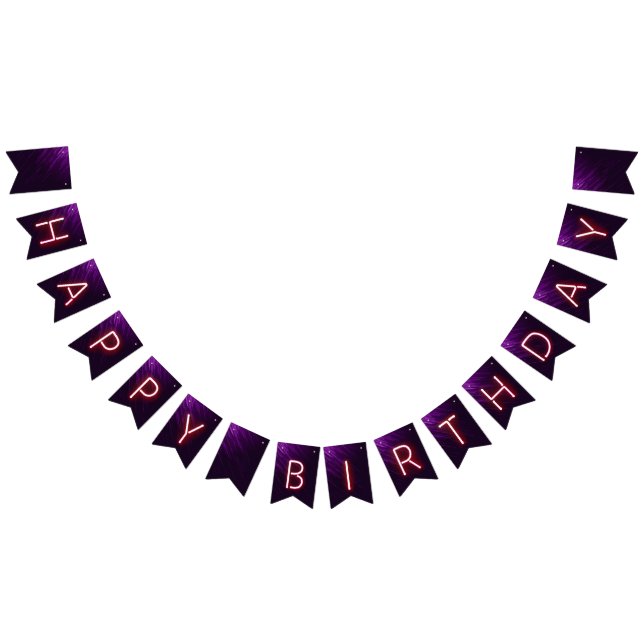 Happy Birthday Glowing Neon Lights on Dark Purple Bunting Flags (All)