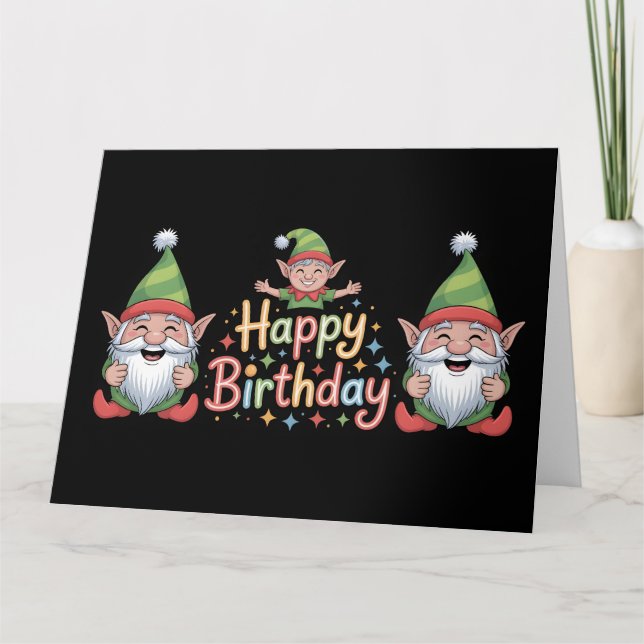 Happy Birthday Gnome and Elf Design Card (Front)