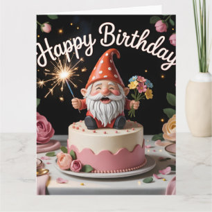 Happy Birthday Gnome Figurine on a Cake Card