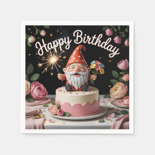 Happy Birthday Gnome Figurine on a Cake Napkins