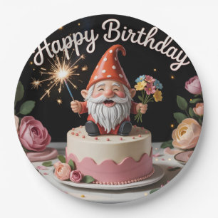 Happy Birthday Gnome Figurine on a Cake Paper Plates