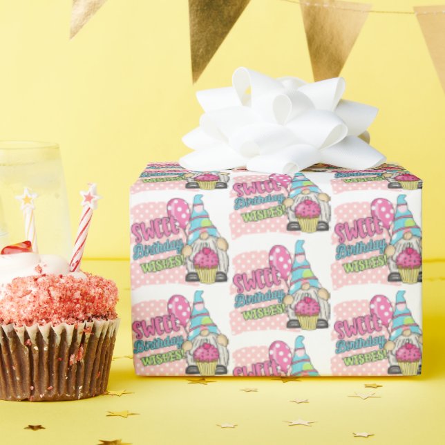 Happy Birthday gnome girls tiled party  Wrapping Paper (Birthday Party)