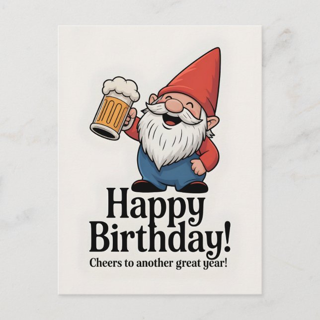 "Happy Birthday" Gnome Raising a Beer Postcard (Front)
