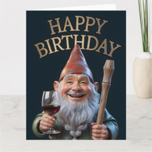 "Happy Birthday" Gnome Toasting with Red Wine Card