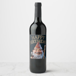 "Happy Birthday" Gnome Toasting with Red Wine Label