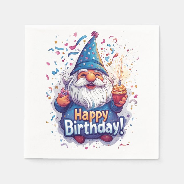 Happy Birthday Gnome: Whimsical Birthday Design Napkins (Front)