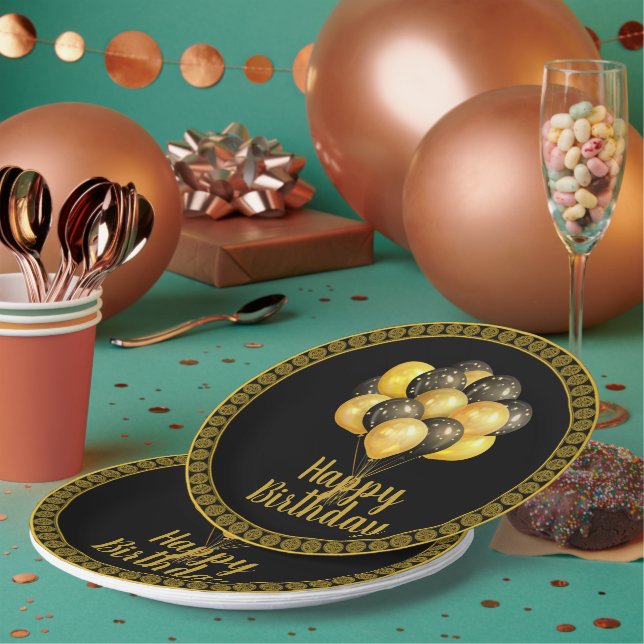 Happy Birthday, gold and black,  Paper Plates (Multi)