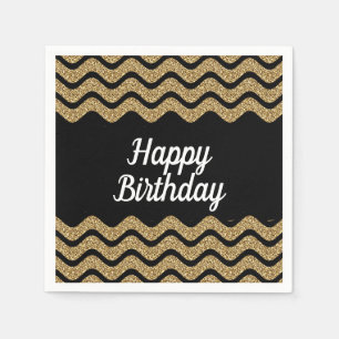 Happy Birthday Gold And Black Stripes Napkins