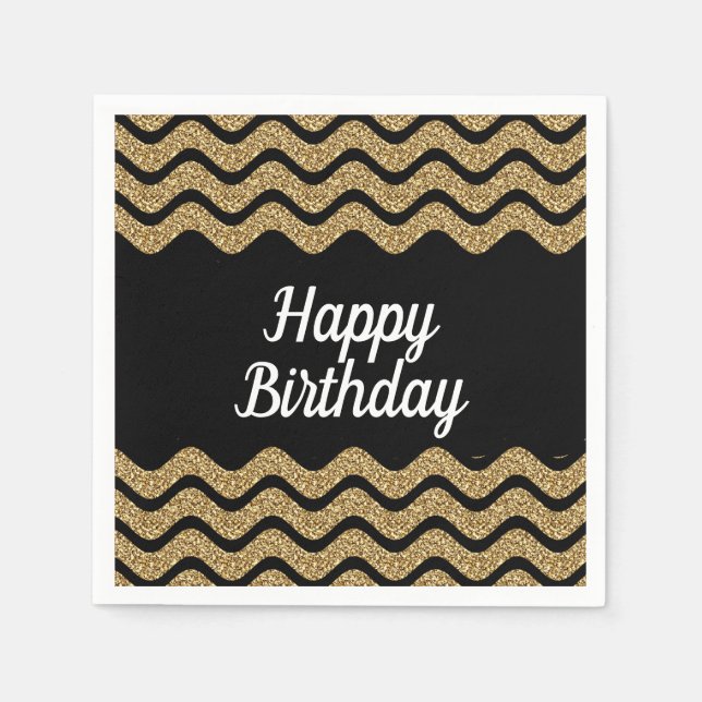 Happy Birthday Gold And Black Stripes   Napkins (Front)