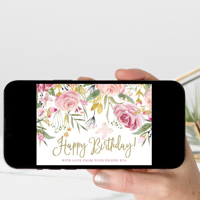 Happy Birthday | Gold and Blush Pink Flowers Card (Front Digital)