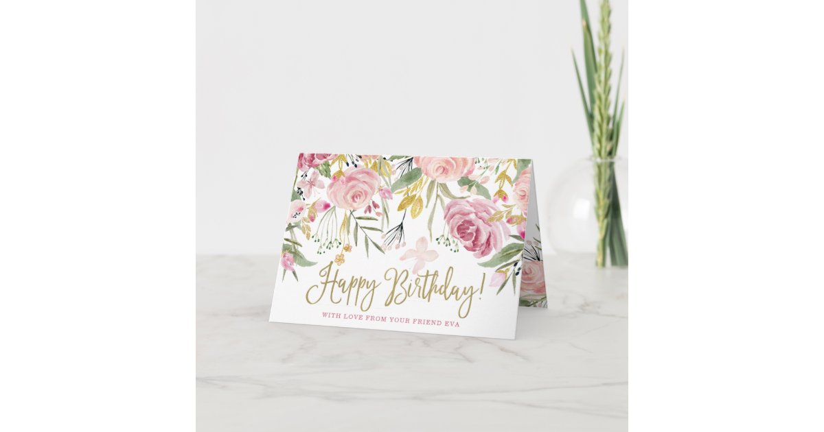 Elegant Happy Birthday Pink Flowers Card