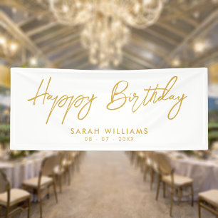Happy Birthday Gold and White Modern Script Banner