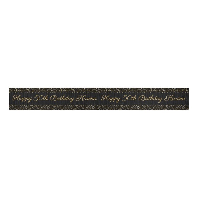 Happy Birthday Gold Black Confetti Personal Ribbon (Front)