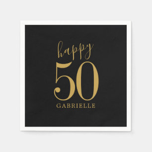 Happy Birthday Gold Black Custom Age Name Napkins